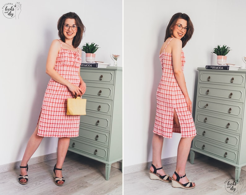 Cottagecore pattern. Milkmaid dress pattern with empire waist and strapless. Sew this easy midi dress pattern pdf for your summer vacation. This printable sewing pattern includes: 8 different sizes, 3 print formats and video tutorial step by step.