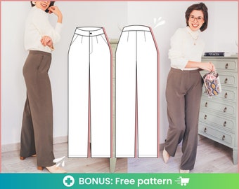 High waisted pants pattern | Learn how to sew a pair of easy pants with this women’s trousers pattern pdf with wide leg, fly and pockets.
