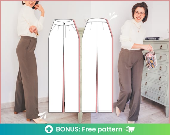 High waisted pants pattern | Learn how to sew a pair of easy pants with this women’s trousers pattern pdf with wide leg, fly and pockets.