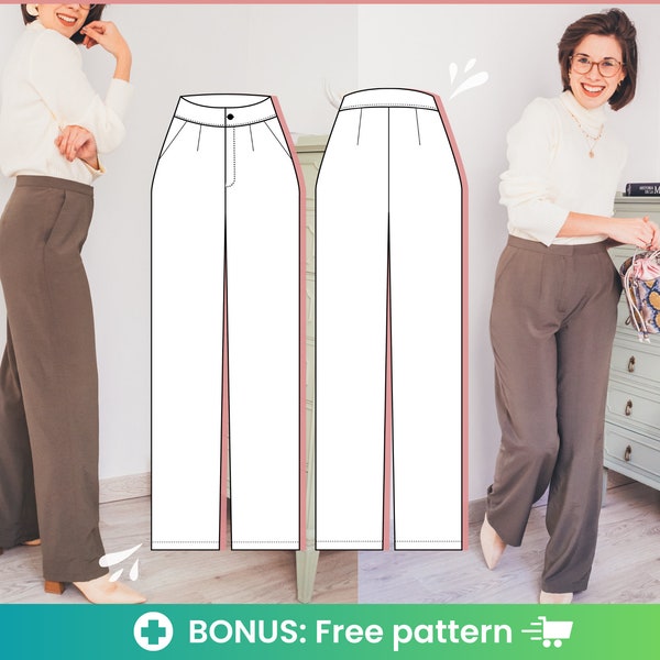 High waisted pants pattern | Learn how to sew a pair of easy pants with this women’s trousers pattern pdf with wide leg, fly and pockets.