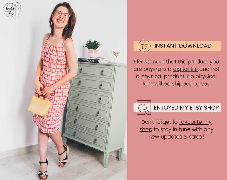 Cottagecore pattern. Milkmaid dress pattern with empire waist and strapless. Sew this easy midi dress pattern pdf for your summer vacation. This printable sewing pattern includes: 8 different sizes, 3 print formats and video tutorial step by step.