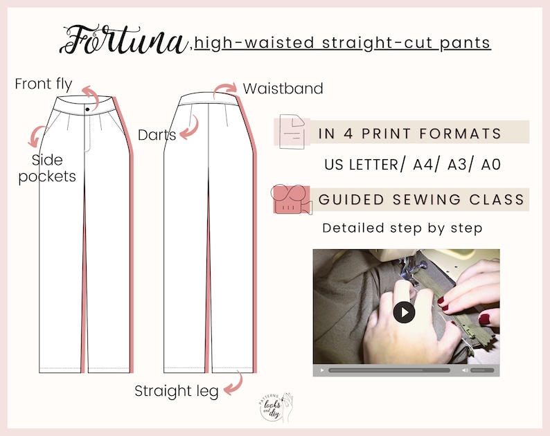 If you are looking for a comfortable, versatile and stylish pants pattern, the Fortuna trouser pattern is for you. Learn how to sew a pair of easy pants with this women’s high waisted trousers pattern pdf with wide leg, fly and pockets.