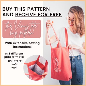 May include: A pink tote bag with a white outline of the Venus de Milo statue. The bag is made of canvas and has two long straps. The text "The Venus tote bag pattern" is written in pink on a white background. The text "Buy this pattern and receive for free" is written in black on a white background. The text "With extensive sewing instructions" is written in black on a white background. The text "In 3 different print formats: -US LETTER -A3 -A4" is written in black on a white background.