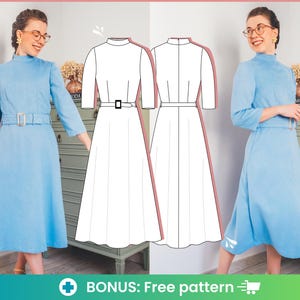 May include: A light blue dress with a high neckline, three-quarter sleeves, and a matching belt. The dress features a midi-length skirt and a rectangular belt buckle. The image also includes a pattern of the dress and the text "BONUS: Free pattern".