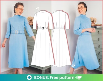 Dress sewing pattern. Semi-fitted mock neck midi dress. Easy women’s dress pattern. Basic simple A line high neck formal dress for ladies.
