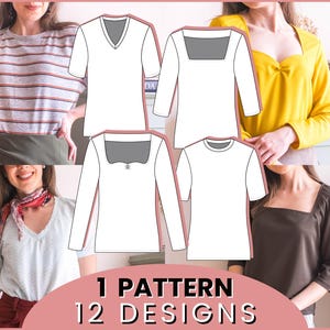 Multi-option knit t-shirt sewing pattern. Women's basic tee with v-neck crew sweetheart square necklines & 3 sleeve lengths. Easy jersey top
