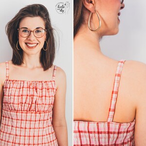 Cottagecore pattern. Milkmaid dress pattern with empire waist and strapless. Sew this easy midi dress pattern pdf for your summer vacation. This printable sewing pattern includes: 8 different sizes, 3 print formats and video tutorial step by step.