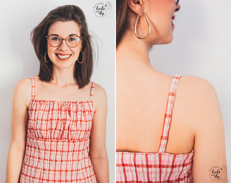 Cottagecore pattern. Milkmaid dress pattern with empire waist and strapless. Sew this easy midi dress pattern pdf for your summer vacation. This printable sewing pattern includes: 8 different sizes, 3 print formats and video tutorial step by step.