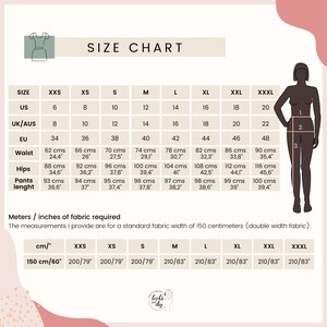 May include: Size chart for clothing with measurements in inches and centimeters. The chart includes sizes XXS through XXXL, with corresponding US, UK/AUS, and EU sizes. Measurements are provided for waist, hips, and pants length.