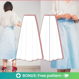 May include: A light blue midi skirt with a simple, straight silhouette. The skirt is shown on a model wearing a white blouse and red heels. A free pattern is included with the purchase.