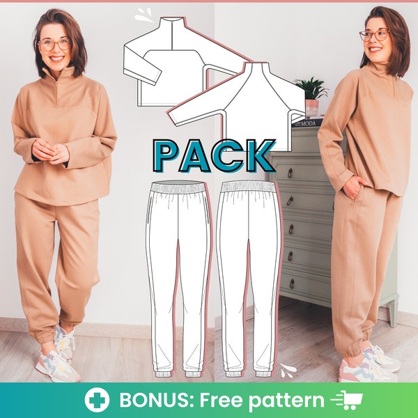 Lounge set sewing pattern pdf | Sew the perfect women sweat set. Two piece set: joggers sweatpants set pattern + sweatshirt set pattern