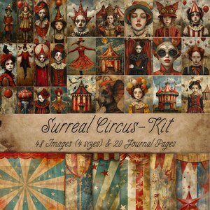 Surrealistisch Circus Junk Journal Kit: 48 afbeeldingen, 9 afdrukbare bladen en 20 dagboekpagina's
