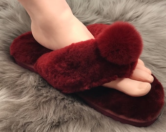 Sheepskin Fluffy Flip-flop with Pong Pong Front (various colours)