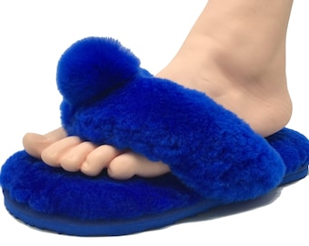 Sheepskin Fluffy Flip-flop with Pong Pong Front Sheepskin Slippers