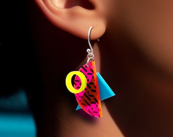 90s Memphis Pink & Teal Geometric Earrings – Bright Colourful Joyful Design