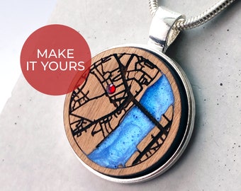 Personalised Wooden Map Necklace - Custom Engraved Pendant with Your Chosen Location and Red Crystal Accent - Handmade Jewellery