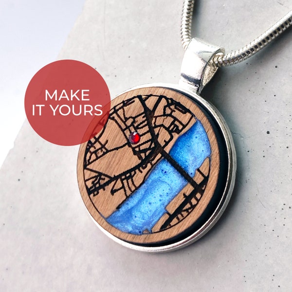 Personalised Wooden Map Necklace - Custom Engraved Pendant with Your Chosen Location and Red Crystal Accent - Handmade Jewellery