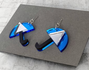 Mirrored Blue and Silver Umbrella Earrings with Black Handle