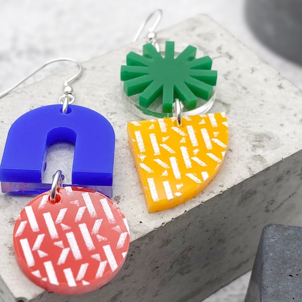 Abstract Modern Art Mismatched Geometric Earrings – Arch & Sunburst Colourful Shapes