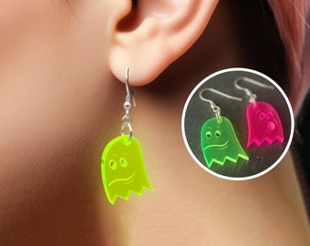 Neon Ghost Earrings – Fun Acrylic Earrings for Halloween, Quirky Pink & Green Dangle Jewellery, Hypoallergenic Fun Statement Accessory