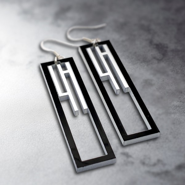 Sleek Black and White Geometric Earrings - Modern Minimalist Acrylic Jewelry, Statement Rectangular Design with Silver Hooks