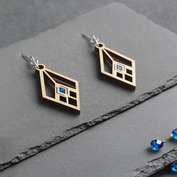 Architectural Art Deco Earrings - Abstract Geometric Wooden Jewelry with Blue Accents, Unique Handmade Gift