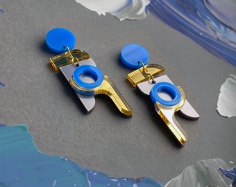 Azure Flow Geometric Earrings - Chic Blue and Gold Statement Jewellery, Contemporary Art-Inspired Accessory, Elegant Modern Fashion Piece