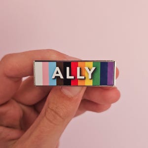 Op de afbeelding: Een zilveren pin met een regenboogvlag ontwerp en het woord "ALLY" in witte letters.