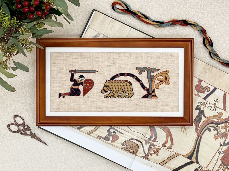 Bayeux Tapestry Cross Stitch Pattern Warrior With Bear Border Art PDF Instant Download Gift for