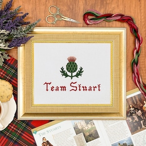 Peut inclure: Une broderie au point de croix encadrée avec un chardon vert et le texte "Team Stuart" en lettres rouges.
