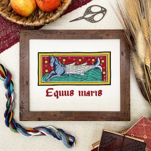 May include: A framed cross-stitch embroidery depicting a blue and white seahorse with the Latin phrase "Equus Maris" in red lettering.