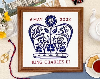 Charles III Coronation Emblem Cross Stitch Pattern | PDF Instant Download | Gift for Fans of History, Royal Family & Floral Designs