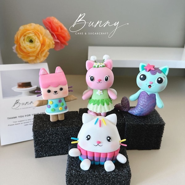 Gabby's Dollhouse Fondant Cake Topper - Cakey Cat/Mercat/Kitty Fairy/Box Kitty