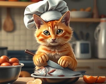 Cute Orange KITTY with chef’s hat in the kitchen cutting fish