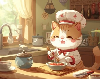 Cute Orange KITTY with chef’s hat in the kitchen of my granny cooking