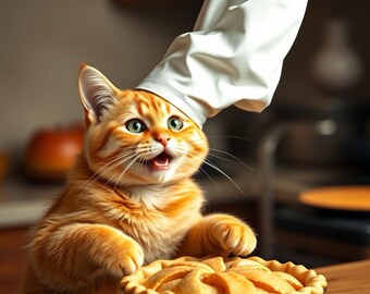 Cute Orange KITTY with chef’s hat in the kitchen cutting an Apple pie