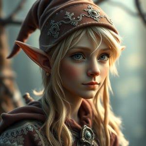 Op de afbeelding: Een portret van een jonge elf met lang blond haar, die een bruine en gouden hoed draagt met ingewikkelde details. De elf heeft puntige oren en doordringende blauwe ogen.