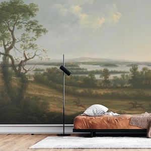 Vintage landschapsbehang, schilderachtige muurschildering, Peel-and-Stick of gewoon verwijderbaar behang, panoramische landschapsrivier behangmuurschildering