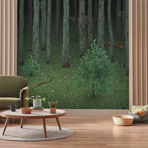 Forest Wallpaper, Removable Peel and Stick or Non Woven Wallpaper, Vibrant Green Forest hiding Fox and Deer, Dense  Overgrow for Home Decor