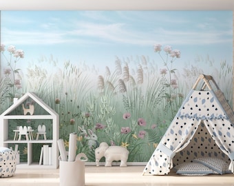 Meadow Flowers Wallpaper, Removable Peel and Stick Mural or Paste the Wall Non-Woven Wallpaper Design, Field Flowers and Bunny Rabbits