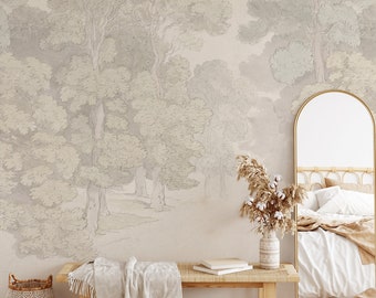 Muted Green Trees Wallpaper: Hand-Drawn Woodland Mural Bedroom Decor