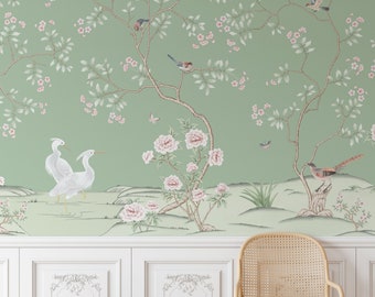 Le Petit Chinoiserie Wallpaper, Removable Peel and Stick Mural or Paste the Wall Non-Woven Wallpaper Trees Design, Floral Print, Wall Decal