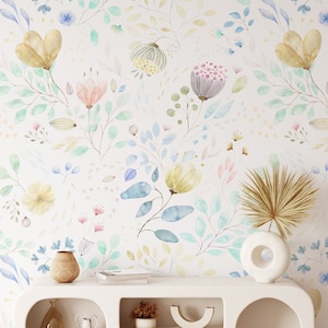 Grande carta da parati floreale primaverile, murale rimovibile con buccia e bastone o incolla il design della carta da parati non tessuta a parete, stampa di fiori di campo, decalcomania da muro