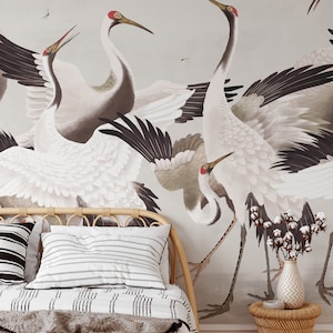 Japanese Crane Wallpaper, Removable Peel and Stick Mural or Paste the Wall Non-Woven Wallpaper Design, Chinoiserie Herons Print, Wall Decal image 3