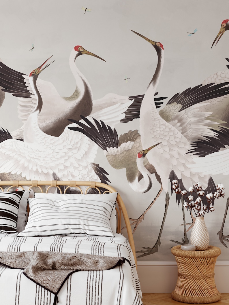 Japanese Crane Wallpaper, Removable Peel and Stick Mural or Paste the Wall Non-Woven Wallpaper Design, Chinoiserie Herons Print, Wall Decal image 3