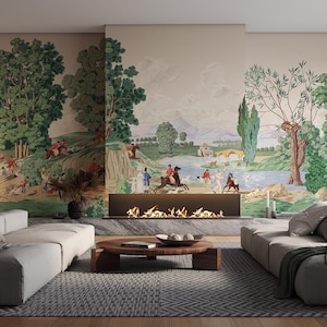The Fox Chase Tapete, abnehmbares Schälen und Stick Wandbild oder Vliestapete, Fuchsjagd Wandbild, Pferdeverfolgungs Panorama, Vintage Landschaft