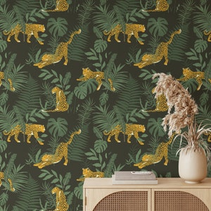 Carta da parati della giungla del leopardo, staccabile staccabile e bastone murale o incollare il design della carta da parati non tessuta della parete, stampa floreale del leopardo, decalcomania della parete