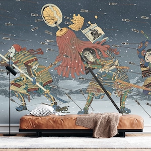 Samurai Battle Wallpaper: Japanese Woodblock Print, Peel and Stick Mural