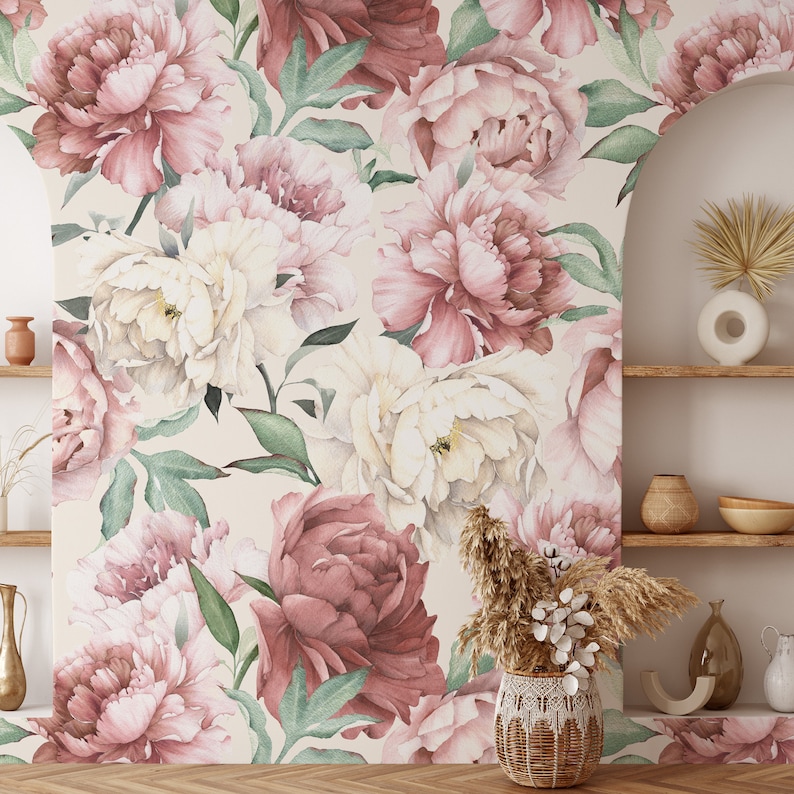 Large Peony Floral Wallpaper Removable Peel and Stick Mural - Etsy
