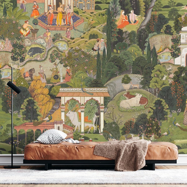 Papel pintado del bosque indio, mural extraíble de cáscara y palo o papel pintado tradicional no tejido, diseño mogol de la India, verano indio, calcomanía de pared